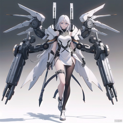  1 girl in dress, mechanical arm, mechanical leg, mechanical wings, long white hair, short skirt, smile,Strong contrast,hand,‘