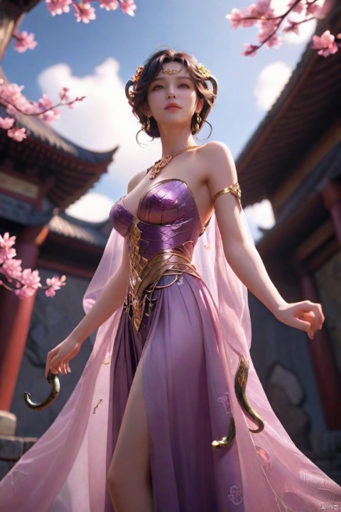  meidusha\(ip\), 1girl, jewelry, snake hair, Top purple, breasts, solo, earrings, armlet, bracelet, dress, lips, from below, medium breasts, snake, yellow eyes looking at viewerred tulle cloak, peach blossom,cloud,high quality, symmetrical composition , high resolution #intricate details #unreal engine,8k, kdutch angle, cowboy shot, fisheye,,<lora:660447824183329044:1.0>