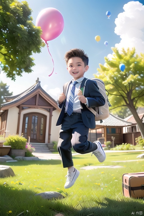 Xiaoming\(ip\), 1boy,Jumping, male focus, solo, necktie, male child, bag, smile, full body, brown hair, backpack, looking at viewer, shoes, jacket, child,
happy paradise\(ip\),  outdoors, sky, plant, scenery, cloud, tree, grass, day, balloon, window, string of flags, house,
, guzhuang
