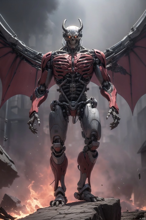 demonvvv, Palm in front,Tall and tall, Demon horn, tail,standing on a huge stone skeleton,solo, glowing, glowing eyes, robot, cable, grey background, science fiction, mechanical parts, no humans, cyborg, red eyes, simple background,Wings, the ground is magma, hell,Looking at the audience, hands facing the audience, with flames in their hands,