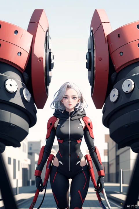 A girl's mechanical body, with a huge robot in the background,