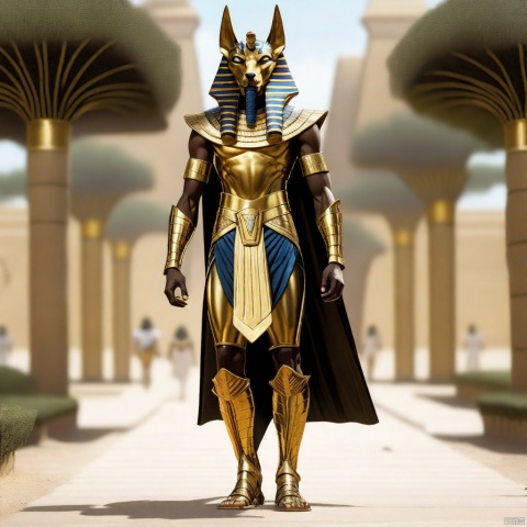 anubishishen\(ip\), 1boy, male focus, solo, egyptian, gold armor, gold, armor, cape, Taking a walk in the park,,<lora:660447824183329044:1.0>