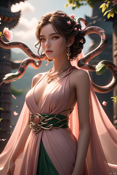 meidusha\(ip\), 1girl, solo, jewelry, glowing eyes, green eyes, snake hair, earrings, necklace, glowing, breasts, snake, looking at viewerred tulle cloak, peach blossom,cloud,high quality, symmetrical composition , high resolution #intricate details #unreal engine,8k