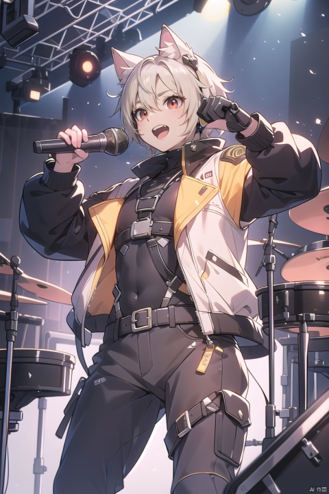  (best quality), (masterpiece),animated character, bad hands, female, cat ears, singing, microphone, stage, music studio, anime style, detailed artwork, modern fashion, red eyes, white hair, concert lighting, reflection, music sheets, sound equipment, dynamic pose, leather jacket, badges, harness, indoor setting, musical performance, snare drum, high resolution, vibrant colors, action shot, focal blur background., shota