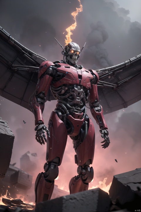 demonvvv, Tall and tall, standing on a huge stone skeleton,solo, glowing, glowing eyes, robot, cable, grey background, science fiction, mechanical parts, no humans, cyborg, red eyes, simple background,Wings, the ground is magma, hell,Looking at the audience, hands facing the audience, with flames in their hands,