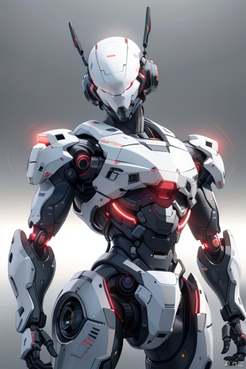 1boy,Robots\(ip\), robot, solo, science fiction, open hands, no humans, glowing, humanoid robot, mecha, grey background, looking ahead