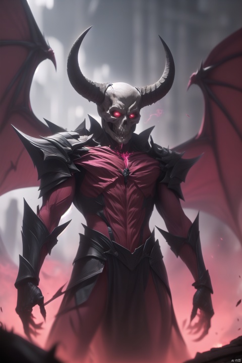 demonvvv, Machine Demon,Half body,armor, horns,Skull face, wings, 1boy, shoulder armor, glowing, solo, male focus, pauldrons, glowing eyes, demon boy, red eyes, demon wings, breastplate, demon, red theme