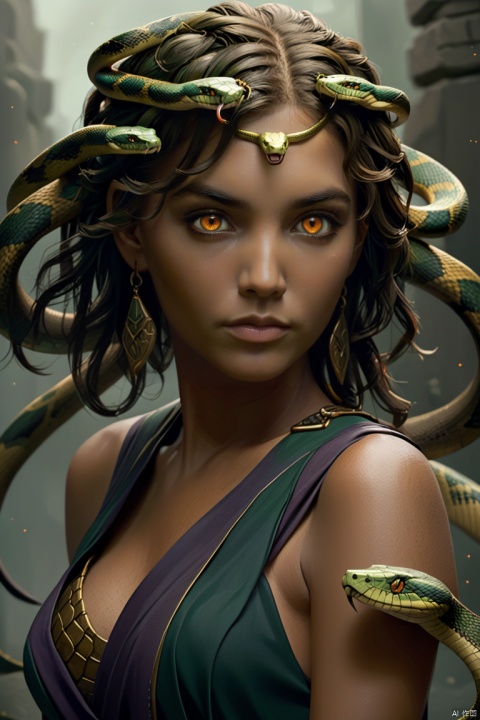 meidusha\(ip\), solo, snake, 1girl, looking at viewer, orange eyes, scales, portrait, snake hair