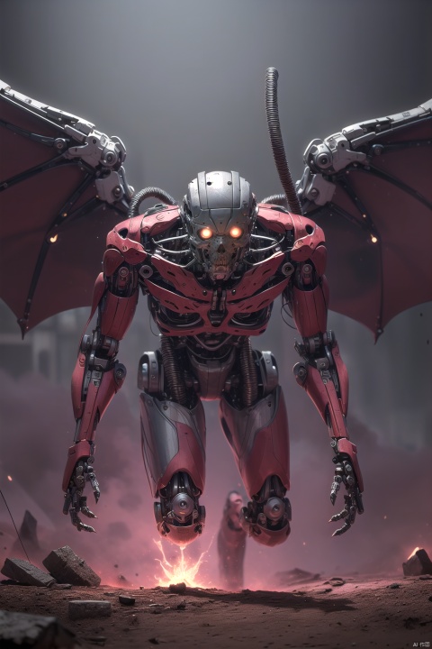 demonvvv, solo, glowing, glowing eyes, robot, cable, grey background, science fiction, mechanical parts, no humans, cyborg, red eyes, simple background,Wings, the ground is magma, hell,