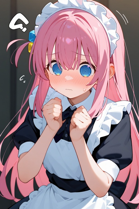  1girl, gotoh hitori, @_@, bocchi the rock!, black dress, blue eyes, cflustered, cube hair ornament, maid apron, hands up, maid headdress, panicking, sweatdrop, pink hair, solo, upper body, dynamic angle, white background, score_9, score_8_up, score_7_up