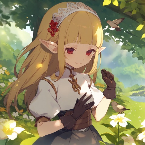  masterpiece, best quality,1girl,animal,bangs,bird,black_gloves,blonde_hair,brown_gloves,closed_mouth,day,explicit,flower,general,gloves,hairband,jewelry,lalafell,long_hair,nature,outdoors,pointy_ears,questionable,red_eyes,sensitive,shirt,short_sleeves,smile,solo,tree,upper_body,white_flower,white_hairband,white_shirt,