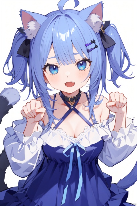  1girl, virtual_youtuber, paw_pose, tail, solo, dress, ahoge, cat_ears, animal_ears, hair_ornament, blue_eyes, cat_tail, hairclip, white_dress, open_mouth, looking_at_viewer, off-shoulder_dress, long_hair, halter_dress, bare_shoulders, blue_hair, blush, bangs, simple_background, white_background, detached_sleeves, halterneck, ribbon, cat_girl, bow, off_shoulder, fang, two_side_up, layered_dress, animal_ear_fluff