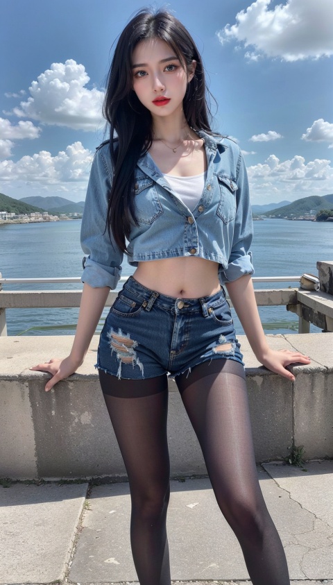  21yo girl, solo, looking at viewer, blue hair, 
Pantyhose, Ripped denim shorts, 

wide shot, 
HDR, Vibrant colors, surreal photography, highly detailed, masterpiece, ultra high res,
high contrast, mysterious, cinematic, fantasy, bright natural light, pantyhose