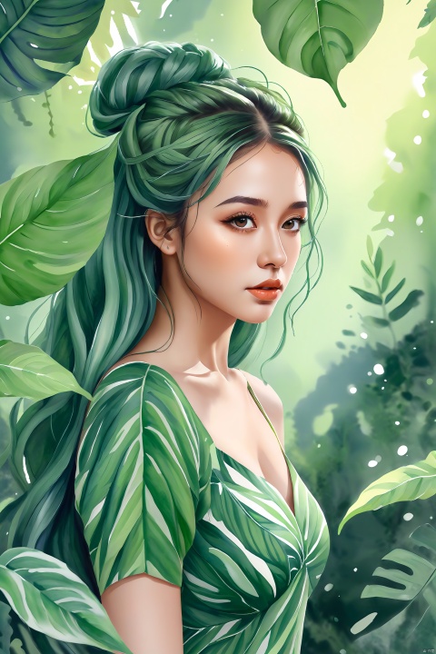  watercolor,1girl, dress made of green leaves, gorgeous, green hair, brown skin, curves, forest, tall girl, thick plants, strong nose, smooth, sharp focus, highly detailed, hyper realistic, dramatic lighting, 