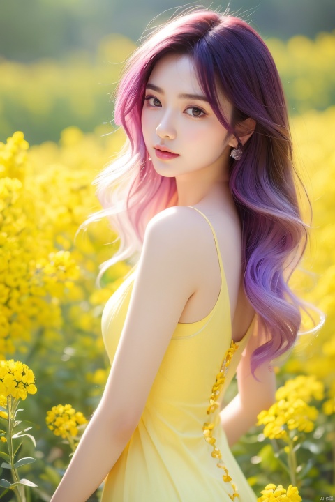 raiden shougn, purple hair,   portrait, Asian girl, gradient hair, gradient dress, gradient, surrounded by blooming canola flowers