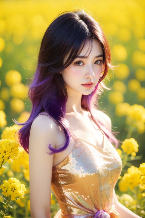 raiden shougn, purple hair,   portrait, Asian girl, gradient hair, gradient dress, gradient, surrounded by blooming canola flowers