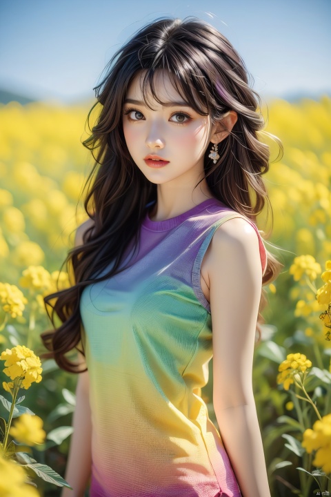  A beautiful young girl taking photos,purple hair, surrounded by blooming canola flowers, The background is a simple blend of pure purple and blue, with cinematic lighting that makes the whole scene more vivid and textured , (gradient hair:1.2), (gradient clothes:1.1), gradient
