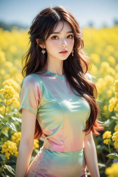  A beautiful young girl taking photos, surrounded by blooming canola flowers, The background is a simple blend of pure purple and blue, with cinematic lighting that makes the whole scene more vivid and textured,red hair , (gradient hair:1.1), (gradient clothes:1.1), gradient