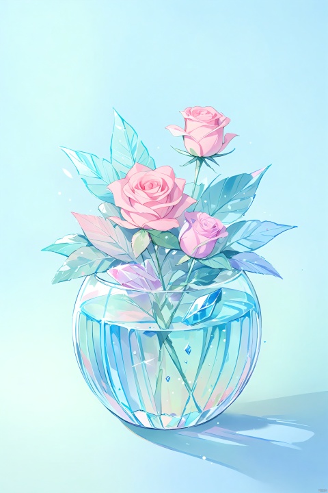 watercolor,simple background, flower, gradient, gradient background, no humans, rose, leaf, blue background, gem, pink flower, crystal, transparent, pink rose, still life, watercolor \(medium\)