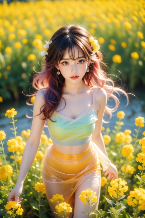  1 girl,(gradient hair:1.4) , gradient clothes,(rape flower) , sea of flowers,  navel, white transparent skin, seen from above,using lots of yellow flowers, soft light, masterpiece, best quality, 8K, HDR, flowers, gradient