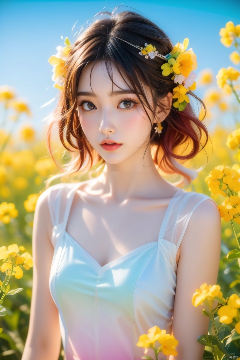 1 girl,(gradient hair:1.4) , gradient clothes,(rape flower) , sea of flowers,  white transparent skin, seen from above,using lots of yellow flowers, soft light, masterpiece, best quality, 8K, HDR, flowers, gradient