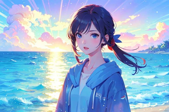  dream, masterpiece, best quality, highres, ultra high res, anime, 1 girl, evening, backlight, looking at viewer, outdoor, upper body, details eyes, details lips, beach, wallpaper forced,seagull, watercolor \(medium\)