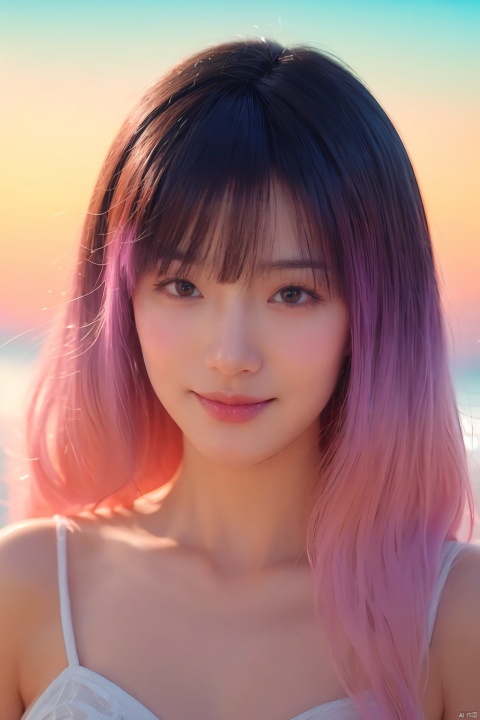masterpiece, best quality, (gradient hair:1.4), (beach:1.2),highres, ultra high res, 1 girl, evening, natural lighting, looking at viewer, outdoor, smile, 