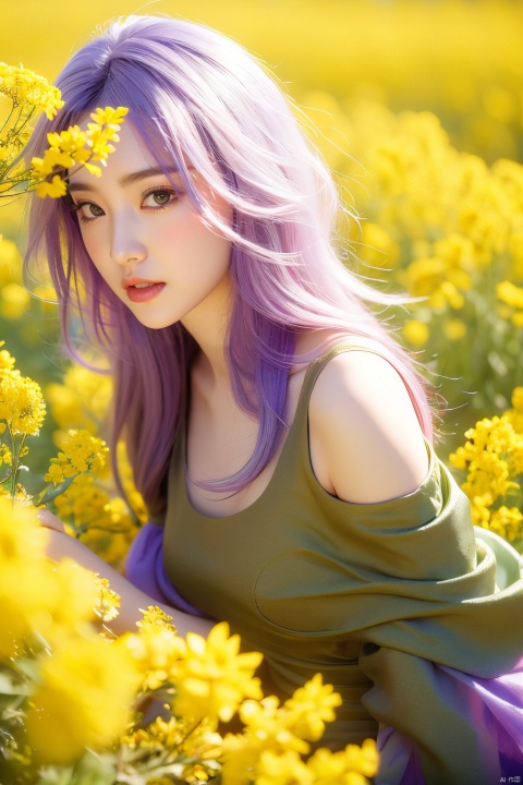raiden shougn, purple hair,   portrait, Asian girl, gradient hair, gradient dress, gradient, surrounded by blooming canola flowers, close-up,
