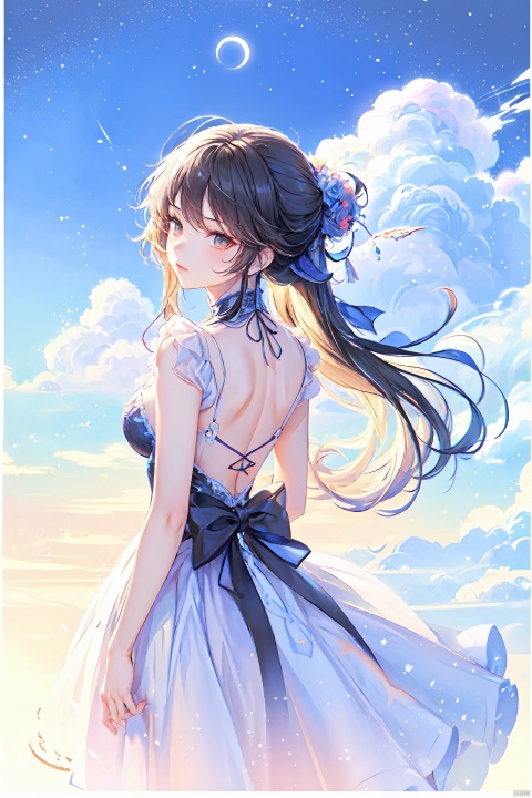  masterpiece,best quality, 1 girl, watercolor, cloud, solo, long hair, sky, scenery, star \(sky\), standing, cloudy sky, starry sky, dress, from behind, black hair, sparkle, sssr, (\shen ming shao nv\)