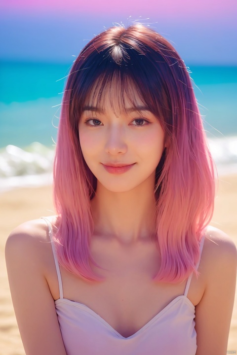  masterpiece, best quality, (gradient hair:1.4), (beach:1.2),highres, ultra high res, 1 girl, evening, natural lighting, looking at viewer, outdoor, smile,
