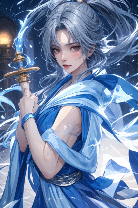 ((((nsfw)))),(sex),High detailed, masterpiece, Cowboy lens, A girl, solo, female focus:1.4, bangs, Medium chest, Gray hair: 1.4, long hair, White kimono, Hold a sword, Scabbard, Blue splash ink, Blue energy vortex, Blue light painting, fine gloss, Architecture, Ancient Chinese architecture, Night：1.3, Starry sky, Full moon, Film and television style, ray tracing, motion blur, Depth of field, sparkle, Surrealism, Conceptual art, reflection light, UHD, 8K, best quality, textured skin, 1080P, ccurate