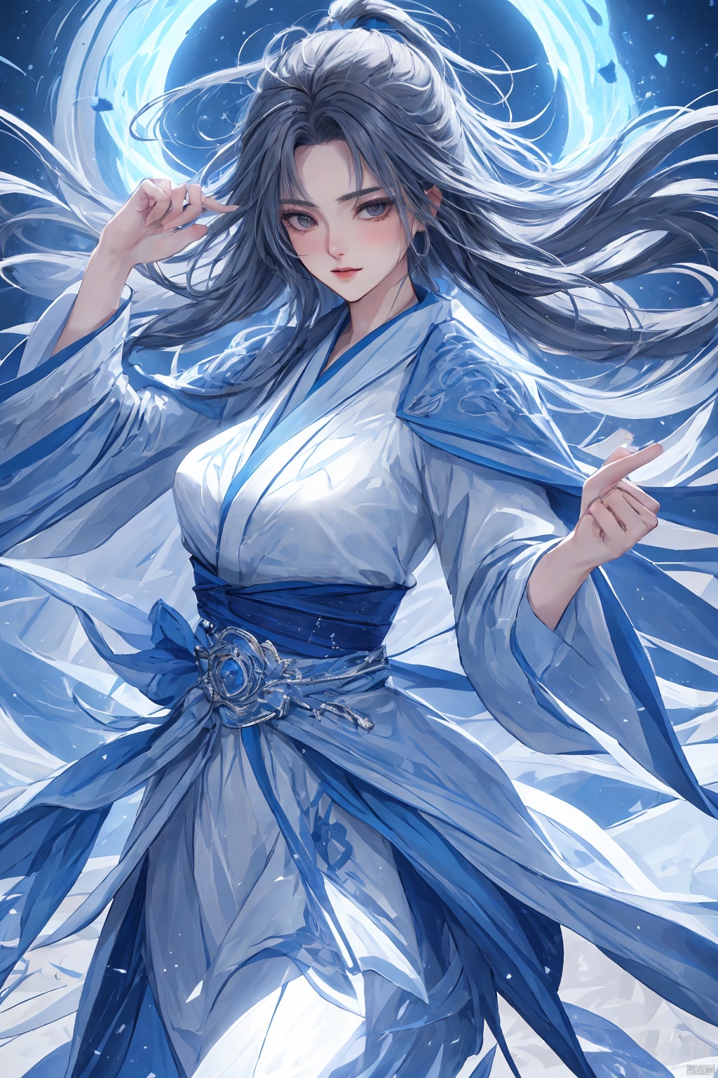 ((((nsfw)))),(sex),High detailed, masterpiece, Cowboy lens, A girl, solo, female focus:1.4, bangs, Medium chest, Gray hair: 1.4, long hair, White kimono, Hold a sword, Scabbard, Blue splash ink, Blue energy vortex, Blue light painting, fine gloss, Architecture, Ancient Chinese architecture, Night：1.3, Starry sky, Full moon, Film and television style, ray tracing, motion blur, Depth of field, sparkle, Surrealism, Conceptual art, reflection light, UHD, 8K, best quality, textured skin, 1080P, ccurate