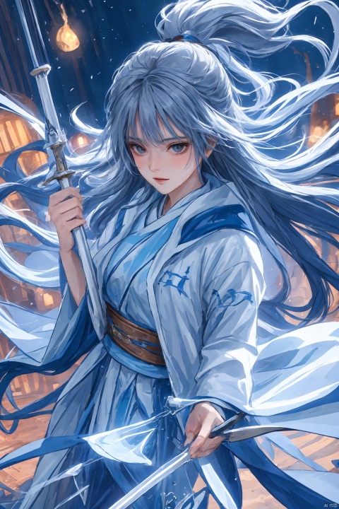 ((((nsfw)))),(sex),High detailed, masterpiece, Cowboy lens, A girl, solo, female focus:1.4, bangs, Medium chest, Gray hair: 1.4, long hair, White kimono, Hold a sword, Scabbard, Blue splash ink, Blue energy vortex, Blue light painting, fine gloss, Architecture, Ancient Chinese architecture, Night：1.3, Starry sky, Full moon, Film and television style, ray tracing, motion blur, Depth of field, sparkle, Surrealism, Conceptual art, reflection light, UHD, 8K, best quality, textured skin, 1080P, ccurate