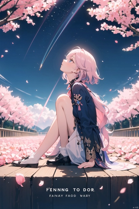  1girl，furina,[sitting under the sakura tree,knee up], (from below,full body,panorama,depth of field),(looking up),(pink petals,tyndall effect,English text)
,