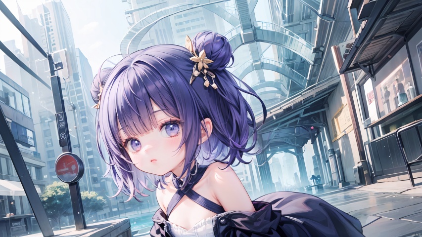 (little loli:1.3), (child:1.2), (Girlish body type), (masterpiece), (best quality), Exquisite visuals, high-definition, (ultra detailed), finely detail, ((solo)),(beautiful detailed eyes), short hair, purple hair, double_bun, asymmetrical bangs, blueberry hair ornament, loveliness, off shoulder, looking at viewer, bare shoulders, standing,