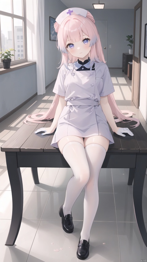  Masterpiece,CG,best,masterpiece,high definition display,1girl,solo, long hair,indoors,full body, lying, looking at viewer,Pink long hair,Hair tips are slightly blue,Beautiful purple eyes,
blush,lace,sssr,Anime,Nurse uniform,Standing sideways at the table,One hand behind you,Cover your mouth with one hand