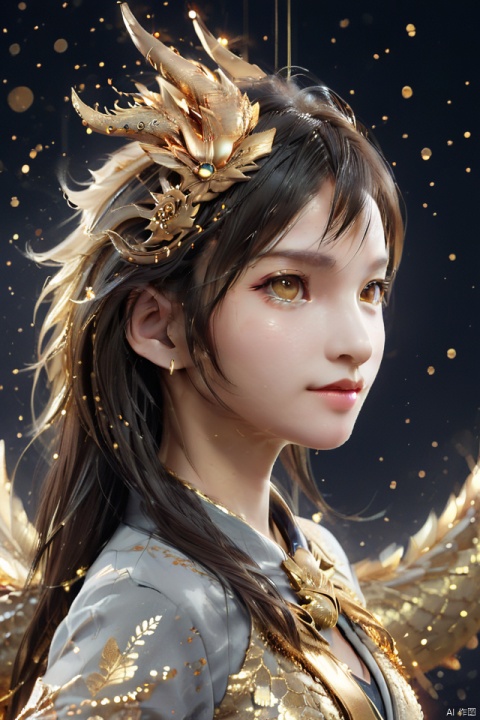  masterpiece,best quality,1girl,dragon, 
particles,dragon,no humans, simple background, solo, animal, from side, shining eyes,flying,eastern_dragon, particles,golden theme, dragon