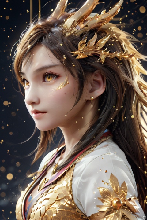  masterpiece,best quality,1girl,dragon, 
particles,dragon,no humans, simple background, solo, animal, from side, shining eyes,flying,eastern_dragon, particles,golden theme, dragon