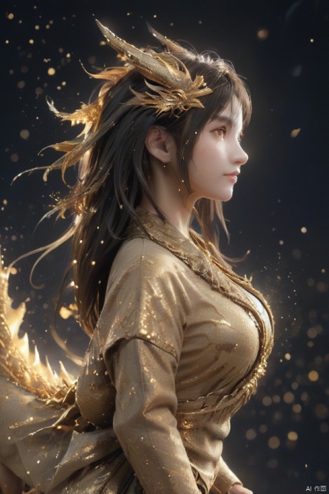  masterpiece,best quality,1girl,dragon girl, 
particles,dragon,no humans, simple background, solo, animal, from side, shining eyes,flying,eastern_dragon, particles,golden theme, dragon