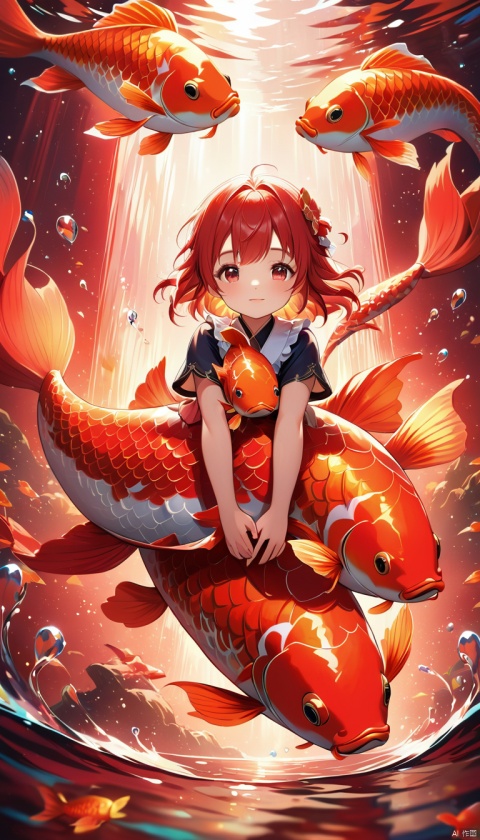A cute little girl and a cute little boy hold hands and pair ride on the back of a giant koi carp, with clear scales and colorful fins, in 3D animation style. The background is filled with water elements and red tones, creating a dreamy atmosphere. The soft light reflected light on her face. A group of goldfish surrounded her, adding to her cuteness. 3D animation style artwork, high resolution, perfect detail