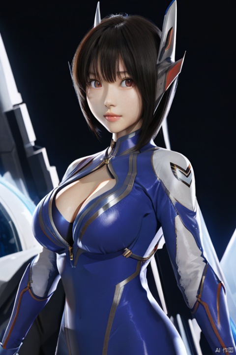 female ultraman, 1girl,bodysuit,looking at viewer,glowing ,science fiction,gem,cleavage,