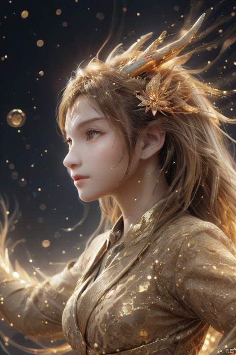  masterpiece,best quality,1girl,dragon, 
particles,dragon,no humans, simple background, solo, animal, from side, shining eyes,flying,eastern_dragon, particles,golden theme, dragon