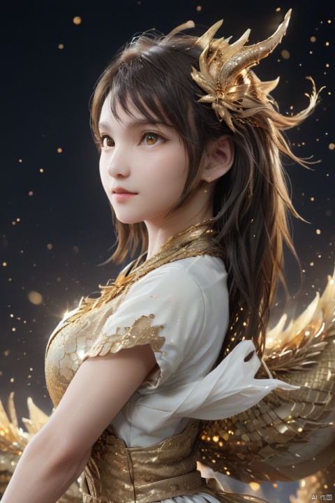  masterpiece,best quality,1girl,dragon girl, 
particles,dragon,no humans, simple background, solo, animal, from side, shining eyes,flying,eastern_dragon, particles,golden theme, dragon
