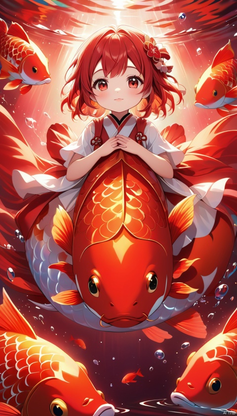 A cute little girl and a cute little boy hold hands and pair ride on the back of a giant koi carp, with clear scales and colorful fins, in 3D animation style. The background is filled with water elements and red tones, creating a dreamy atmosphere. The soft light reflected light on her face. A group of goldfish surrounded her, adding to her cuteness. 3D animation style artwork, high resolution, perfect detail