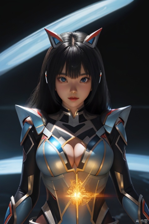  1girl, female ultraman,looking at viewer,glowing ,science fiction,gem,open clothes,cleavage,