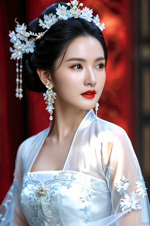  masterpiece, best quality, highly detailed, (photorealistic:1.4), (upper body shot), (upper body view), 1girl,red hanfu, (clothing out of ultra-thin transparent invisible fabric:0.7),26 year old girl,mature *****,earrings,best quality,(photorealistic),transparent,the details are sharp yet possess an organic quality,and there's a subtle grain that adds a layer of depth and authenticity. (masterpiece, top quality, best quality, beautiful and aesthetic:1.2),((upper body)),long hair,black hair,earrings,cute,extreme detailed,(abstract,fractal art),highest detailed,lightning,(water:1.2),(splash_art:1.2),jewelry:1.2,scenery,ink,white wedding dress,high heels,