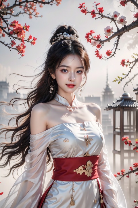  best quality, masterpiece,cowboy_shot,(Good structure),,a girl,xianjing,Off-the-shoulder, bust photo,upper body,Hanfu, Cloud, Smoke,branch,flower, smile,Gaze at the audience, Ink scattering_Chinese style, ((poakl)), ,looking_at_viewer,kind smile, , chinese dress,white dress, liuyifei,long_hair