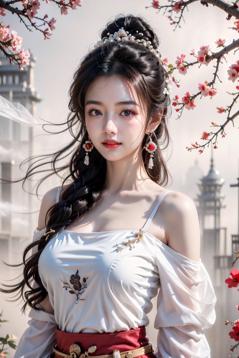  best quality, masterpiece,cowboy_shot,(Good structure),,a girl,xianjing,Off-the-shoulder, bust photo,upper body,Hanfu, Cloud, Smoke,branch,flower, smile,Gaze at the audience, Ink scattering_Chinese style, ((poakl)), ,looking_at_viewer,kind smile, , chinese dress,white dress, liuyifei,long_hair