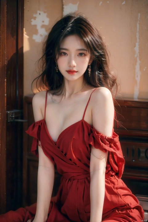  sdmai, hongchen, 1girl, solo, dress, red dress, black hair, realistic, breasts, jewelry, earrings, looking at viewer, bare shoulders