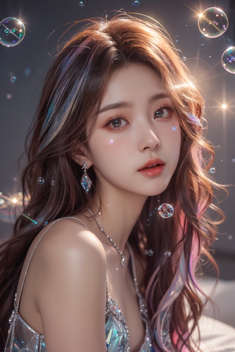  (bubble:1.5),masterpiece,best quality,masterpiece,best quality,official art,extremely detailed CG unity 16k wallpaper,masterpiece,thigh,((1girl)),(science fiction:1.1),(ultra-detailed crystallization:1.5),(crystallizing girl:1.5),kaleidoscope,((iridescent:1.5) long hair),(glittering silver eyes),sitting,surrounded by colorful crystals,blue skin,(skin fusion with crystal:1.8),looking up,face focus,simple dress,transparent crystals,flat dark background,lens flare,prism, 1 girl, (\meng ze\)